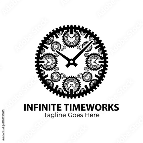 Fotografie Industrial timekeeping logo symbol representing precision engineering, movement, and perpetual motion systems