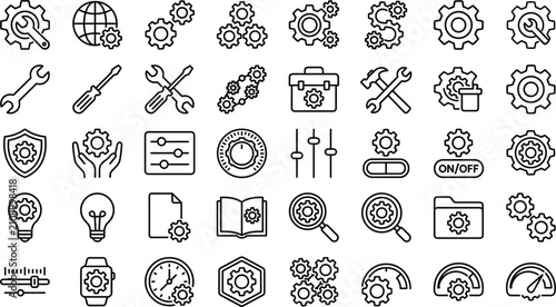 Photos Technical support options line icon set displaying configuration preferences mec