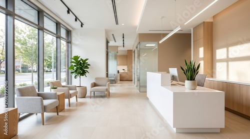 Modern clinic reception area with natural light large windows comfortable seating plants minimalist design white desk glass partitions for welcoming professional healthcare faci...