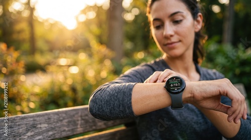 Woman checking fitness tracker watch on wrist in park during sunset, healthy lifestyle concept, active living and wellness monitoring technology for personal health management g...