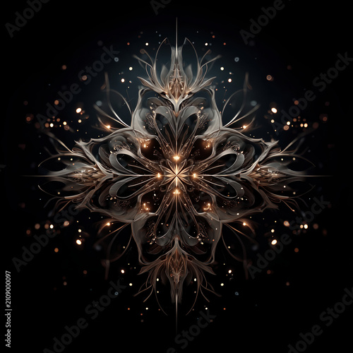 Intricate abstract floral symmetry with glowing elements and dynamic light effects in dark background