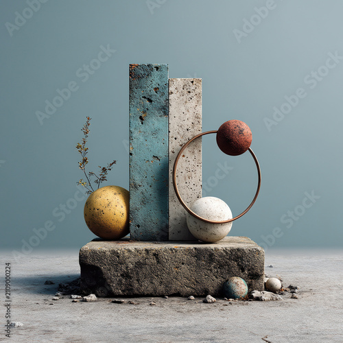 Abstract geometric composition with textured concrete pillars colorful spheres and metal circle on rough base