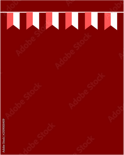 Row of red and white swallowtail flag bunting hanging horizontally on a dark red background, suitable for Indonesian Independence Day decorations.