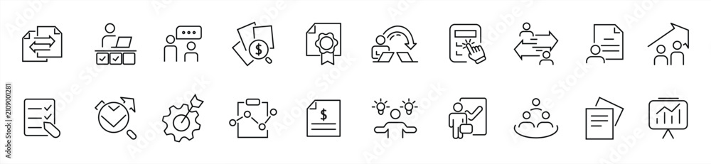 Fototapeta premium Linear business process icon set. Collection of thin-line business process icons. Set of simple outline icons for business processes. Vector illustration.