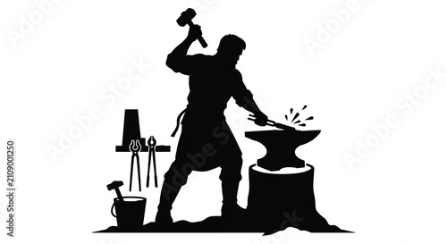Photography Blacksmith at work with anvil and tools dark silhouette