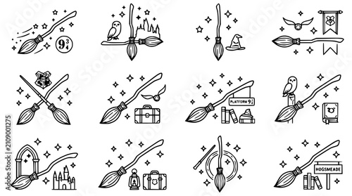 Quadro su tela Magical Broomsticks and Wizarding School Symbols - Vector Icons