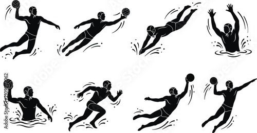 Foto Water polo players icon set showing dynamic male athletes swimming passing throw