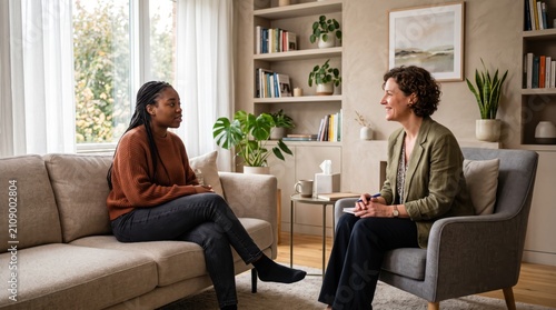 Psychologist listening to young woman during counseling session in cozy office, discussing mental health issues and emotional well-being in safe environment