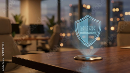 Holographic shield with risk aversion text over modern office table at dusk