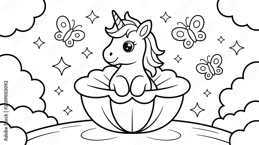 Fototapeta premium Cute cartoon unicorn sitting inside a large seashell coloring page for kids with seashell butterfly coloring creature