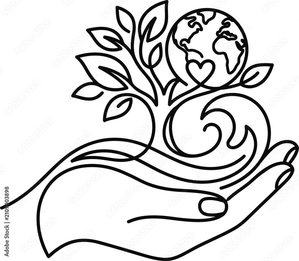 Obraz premium Continuous line drawing of a hand holding a tree and a globe with a heart.
