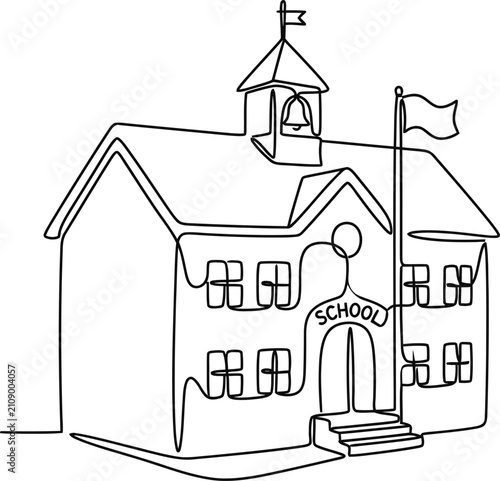 Continuous single line drawing of a school building.