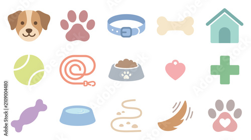 Collection of cute flat icons representing various dog-related items and symbols for pet care and ownership.