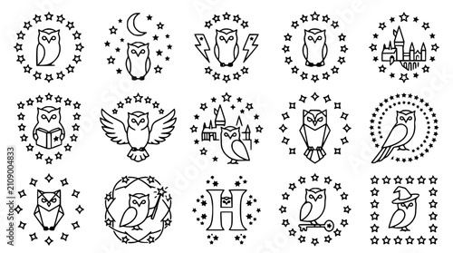 Photography Magical Owls Collection: Wizardry Symbols, Stars, Moon, Castle, Book, Wand Icons