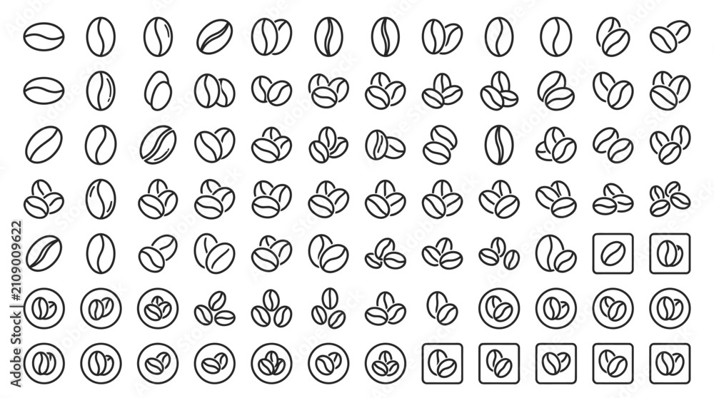Fototapeta premium Set of various coffee bean outline icons for design projects.