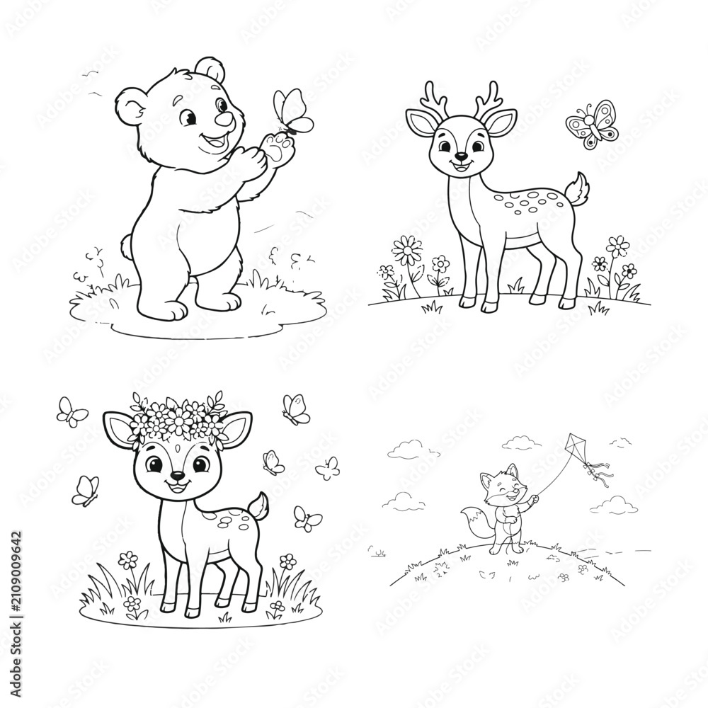 Obraz premium Cute wild animals coloring page vector set with bear, deer, and fox for kids