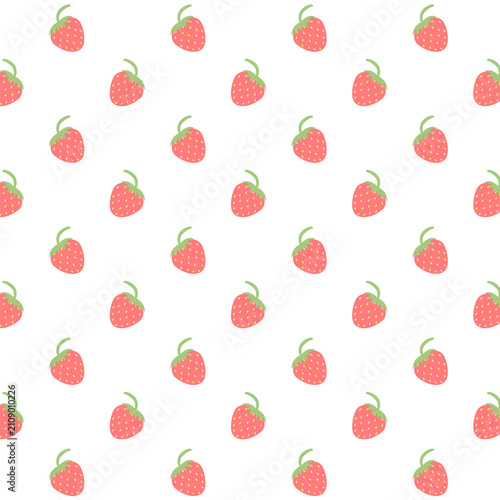 Seamless Strawberry Pattern Vector Illustration with Ripe Fresh Red Berries and Green Leaves on White Background for Summer Fruit Food Textile Wrapping Paper and Surface Design