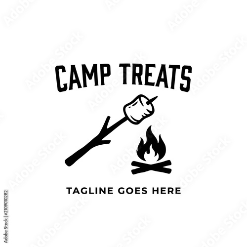 Minimalist woodsy emblem featuring a campfire and roasted treat on a stick.