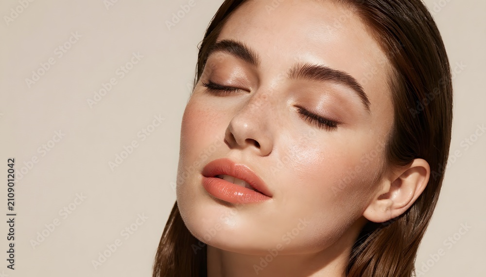 Naklejka premium Luxury Beauty Portrait of Young Woman with Glowing Skin and Closed Eyes in Warm Sunlight