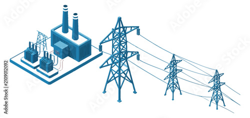 Power Plant and Electrical Transmission Towers Isometric Vector Illustration in Teal and Dark Blue for Energy Infrastructure Concepts