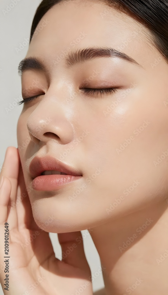 Obraz premium Luxury Beauty Portrait of Young Woman with Glowing Skin and Closed Eyes in Warm Sunlight