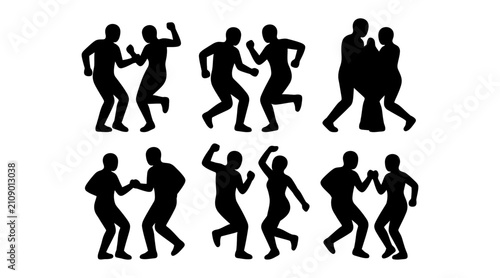 Bild auf Leinwand Silhouette illustrations of people dancing and fighting in a dynamic group isola