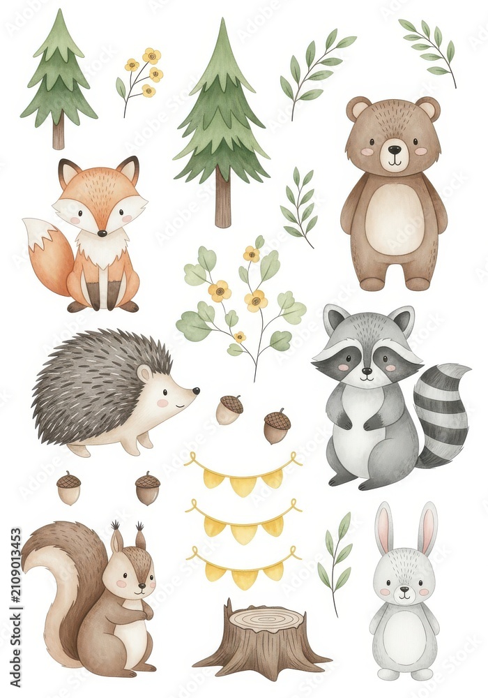 Obraz premium Cute Watercolor Woodland Animals Clipart Set with Fox Bear Hedgehog Raccoon Squirrel Rabbit and Forest Elements