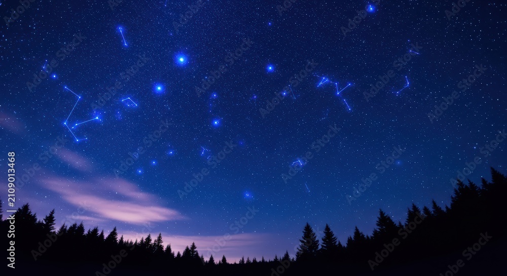 Fototapeta premium Stunning Night Sky with Bright Constellations and Stars over a Dark Pine Forest Silhouette at Twilight