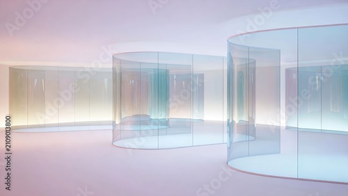 Modern architectural interior with curved glass walls and soft ambient lighting creating a serene atmosphere