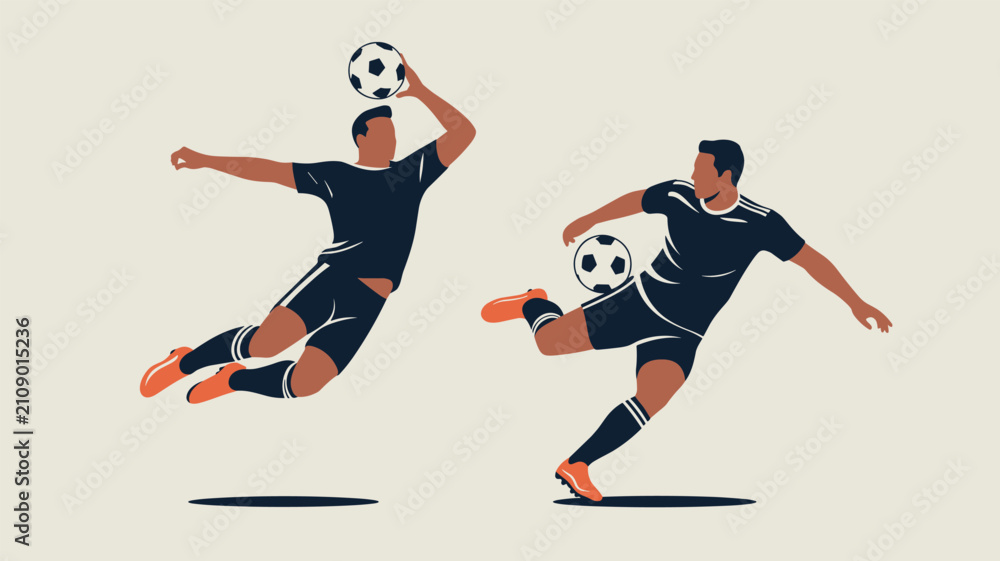 Fototapeta premium Action illustration of two male soccer players performing athletic kicks and headers on a neutral light background.