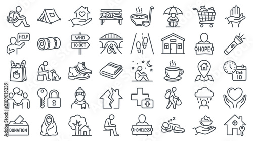 Collection of line art icons representing homelessness, poverty, and social support services.