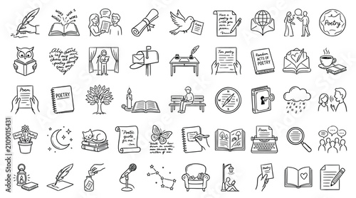 A collection of hand-drawn doodle icons representing various aspects of reading, writing, communication, and learning.