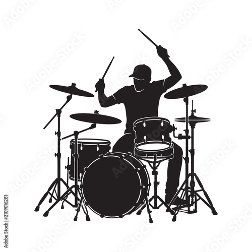 Quadro em tela Drummer silhouette playing drum kit vector, musician performing on percussion in