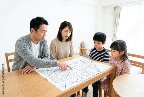 防災マップを見ながら避難計画を話し合う日本人家族｜防災対策・避難経路確認のワンシーン