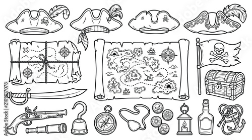 Obraz na płótnie Collection of pirate-themed elements including maps, hats, weapons, and treasure chest, presented in a black and white line art style