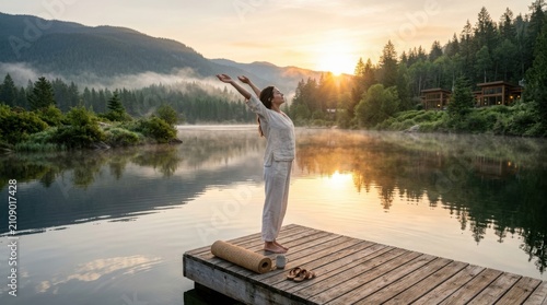 Person stretching arms on wooden dock by calm lake at sunset