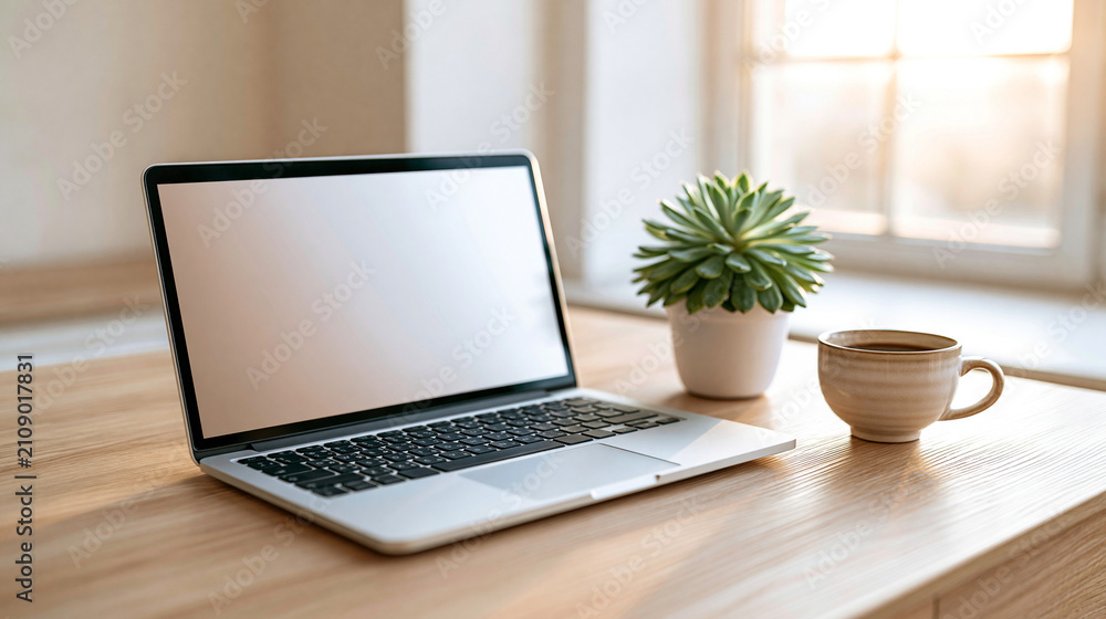 Fototapeta premium Silver laptop computer with green succulent plant and mug on wooden table.