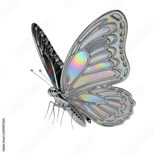 A futuristic silver butterfly with iridescent wings and intricate metallic patterns against a clean white background