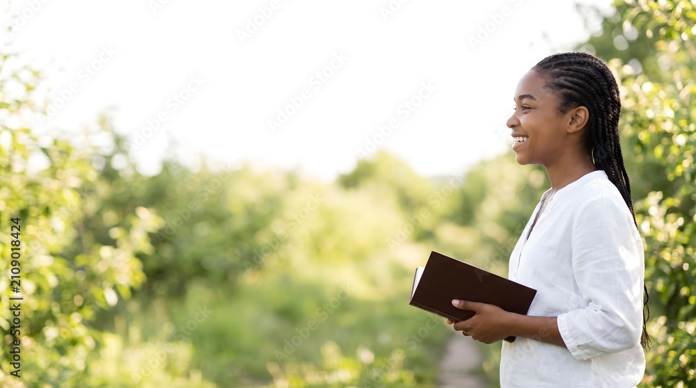 Fototapeta premium Happy young African American woman holding a notebook and smiling in a lush green park setting