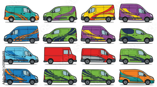 Commercial van wrap designs, 16 delivery vehicle branding templates, colorful transport car decals and automotive vinyl graphics vector set
