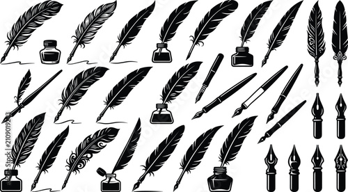 Vintage feather quill pen and inkwell silhouette set for calligraphy design elements