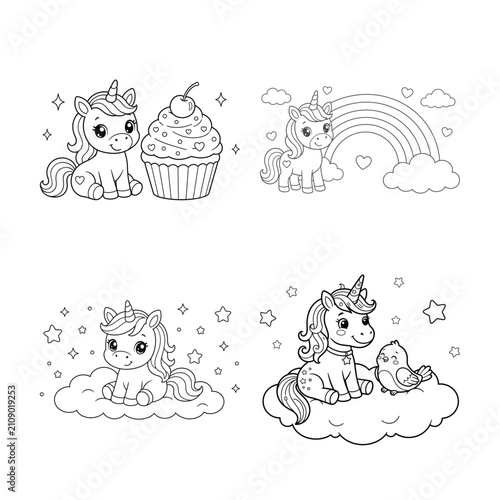 A Set Of Four Cute Unicorns For Kids To Color In Coloring Book