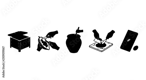 Schilderij op canvas Cocoa Bean Processing Icons, Chocolate Making Steps, Food Production Vector Set