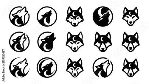 Stylized Wolf Head and Howling Wolf Logo Icons Collection