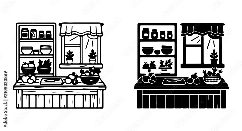 Obraz premium Cozy Kitchen Scene Vector, Rustic Countertop with Jars and Produce, Charming Domestic Ambiance