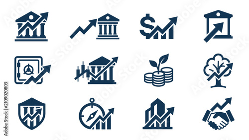 Financial and Business Growth Icons Set: Investment, Banking, and Economic Development Symbols