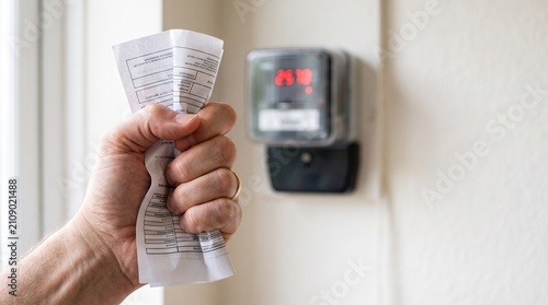 Hand crumpling electricity bill in front of power meter
