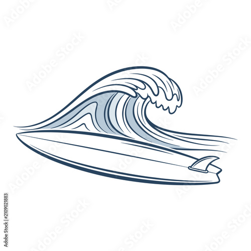 Surfing Board and Ocean Wave Line Art