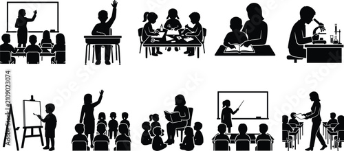 Classroom Education and Student Learning Activity Icons Set in Minimalist Black Silhouette Vector Design