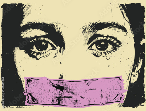 Фотография world day against trafficking in persons Crying woman with duct tape over mouth